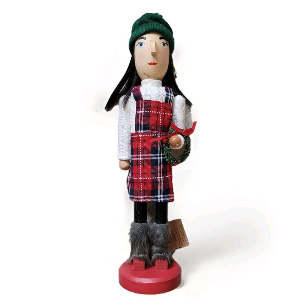 NWT Allen + Roth 20" Female Nutcracker –‎ Winter Lodge Decor – Plaid & Faux Fur